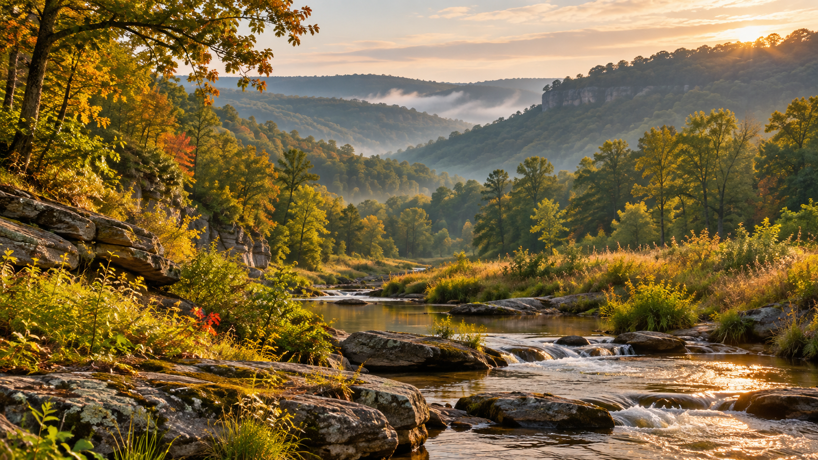 Sunlit creek and wooded hills in an illustrative Ozark landscape